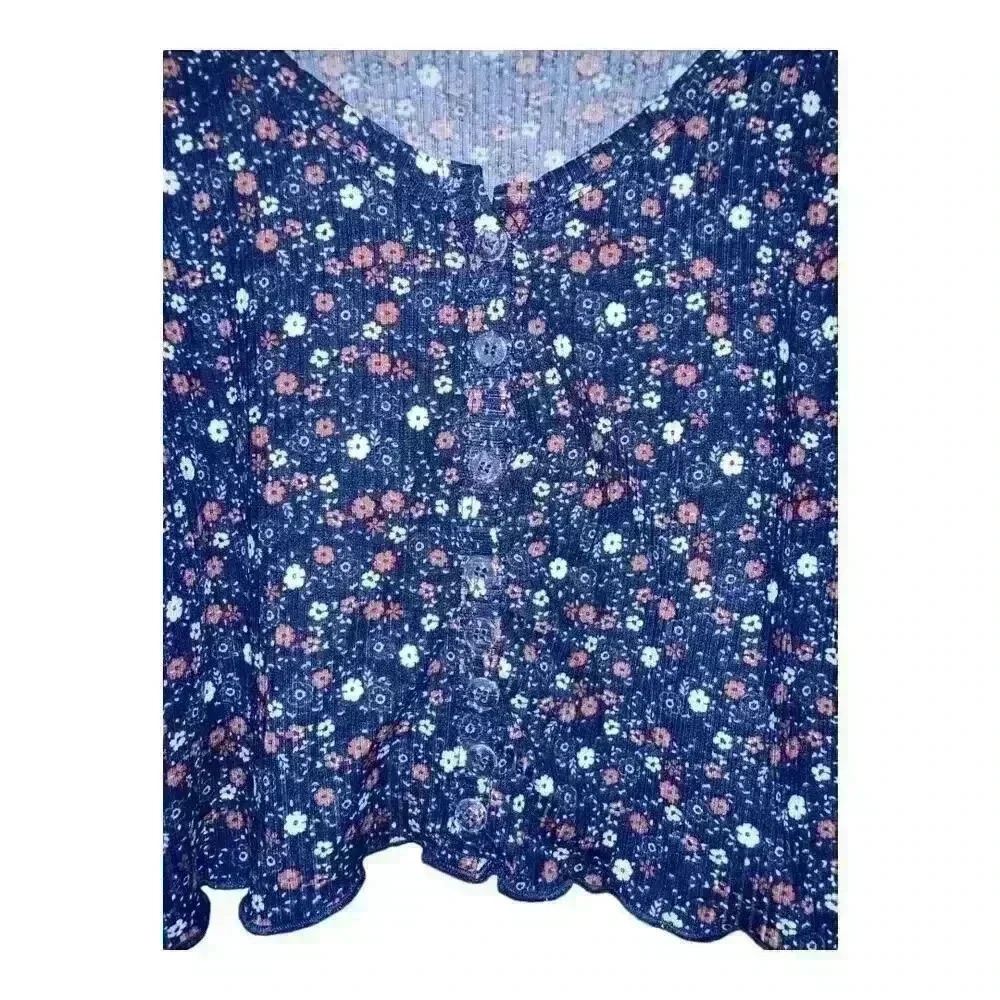 Kensie Girl Navy Blue Long Sleeve Floral Crop Top, Size 12 - Picture 3 of 4